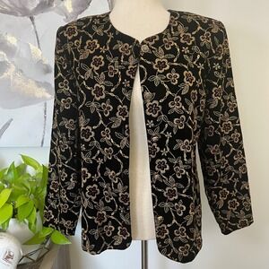 Vintage Black Gold Floral Embroidered Jacket Cropped Evening Blazer Old Money
